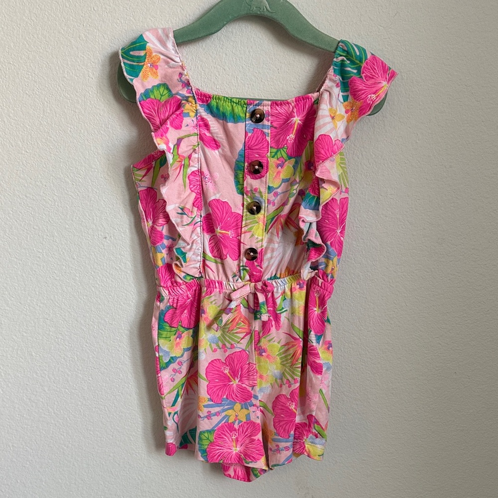 One Step Ahead Pink Floral Ruffle Romper with Tropical Print